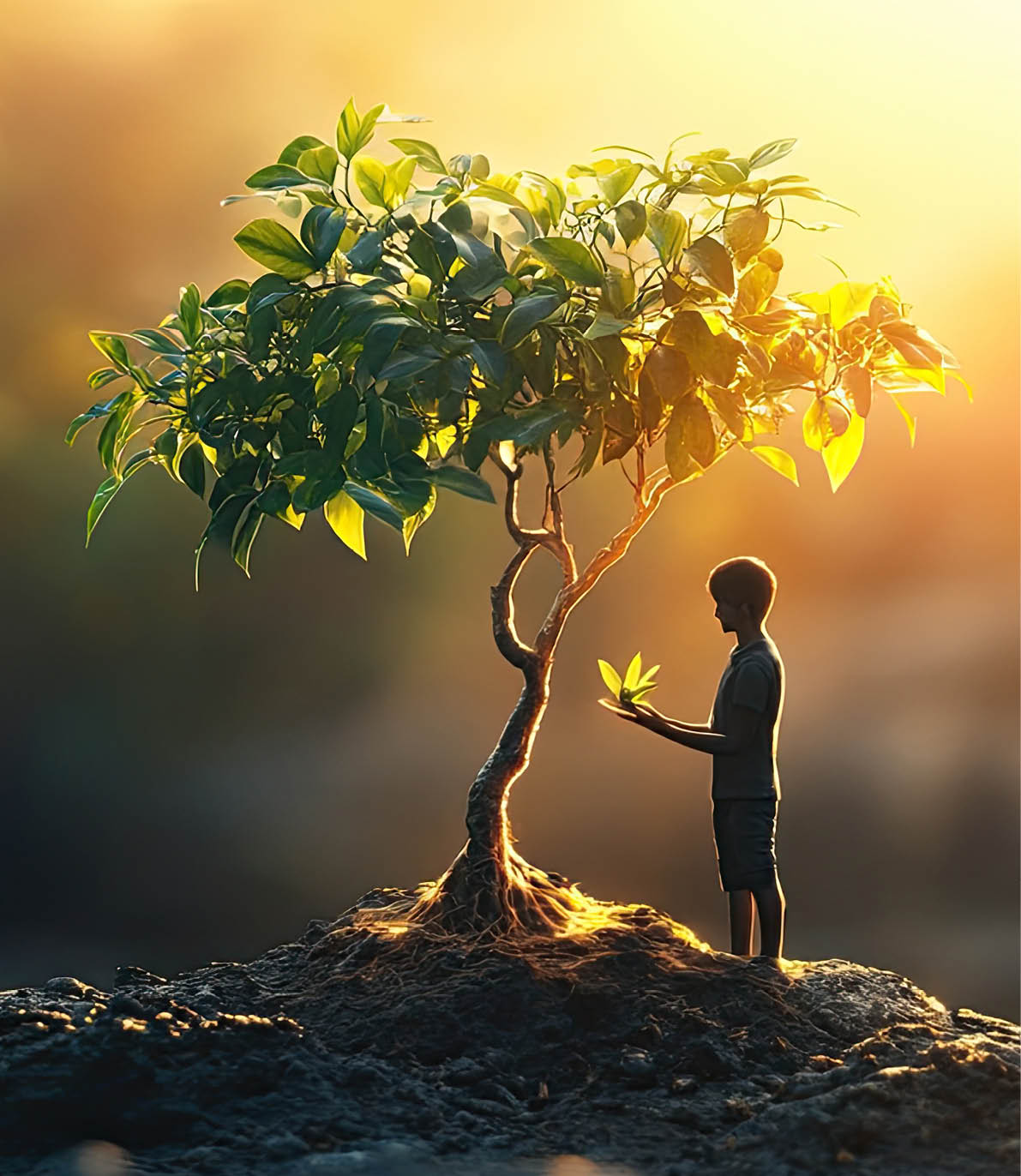 A person stands on rocky ground holding a leaf near a small tree illuminated by warm sunlight against a blurred background. Description generated by AI