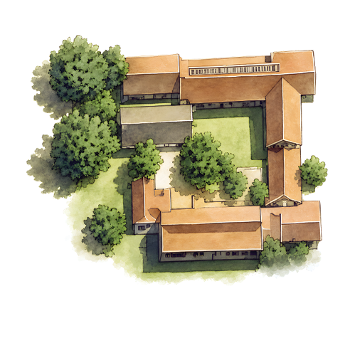 A detailed watercolor illustration shows an aerial view of a building complex with orange roofs surrounded by green trees and grassy areas. Description generated by AI