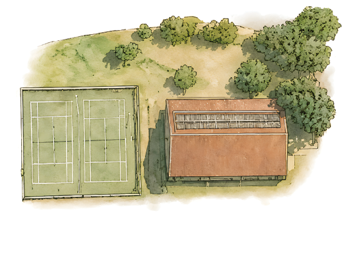 A watercolor-style aerial view shows a tennis court next to a rectangular building surrounded by grass and trees. Description generated by AI