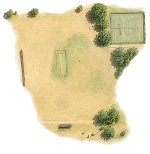 A watercolor-style aerial view of a sandy sports area featuring a tennis court, a cricket pitch, a bench, and scattered trees and bushes. Description generated by AI